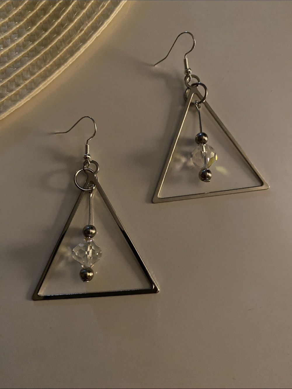 Good Vibes 😎 Only Silver Triangle Drop Earrings with Clear Crystal Accent